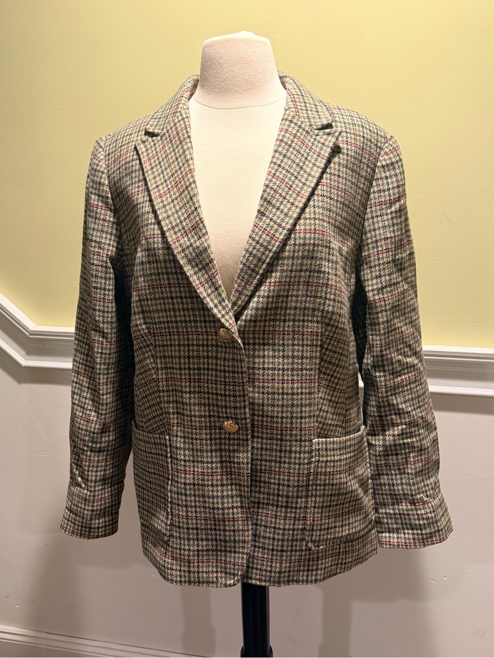 Talbots Green & Brown Houndstooth Blazer with Subtle Pink & Cream Accents